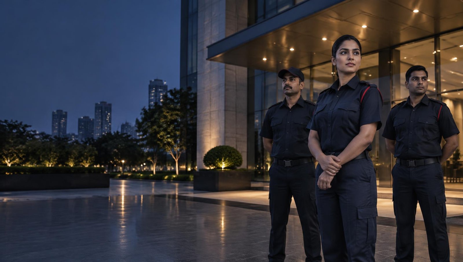 Professional Rehana Security Force personnel outside a modern corporate building